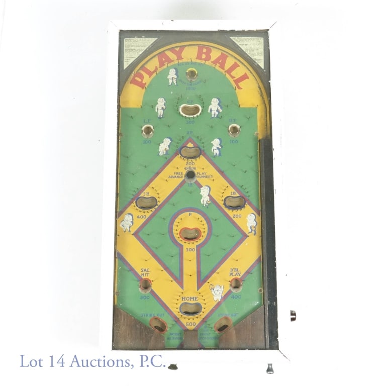 Play Ball 1932 Exhibit Co. Pinball Game: Play Ball 1932 pure mechanical Pinball Game, patent no. 1630098, Exhibit Sup. Co., Chicago, Ill. Appears complete but coin slot not functional- Inner rope mechanism in box operates game. 30.5" long x 