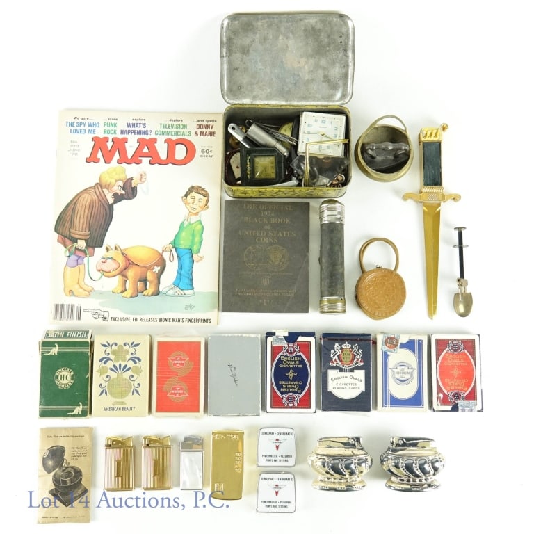 Grandpa's Desk Drawer - Cards, lighters, Paper...: June 1978 Mad Magazine. Silver plate Ronson lighters (badly patinated). Strathmore 24lb writing paper (most of 500 sheets). Playing cards: American Beauty English Ovals (with War Bonds card); Three En