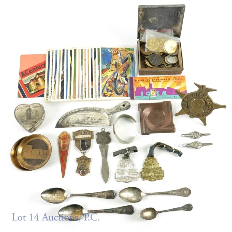 1933 Century of Progress World's Fair Collection: Collection of items from the 1933 Chicago Century of Progress Worlds Fair: brass paper weight ** 3 ashtrays ** Bookmark (+ bookmark from Alamo) ** American Legion medal-style badge ** 4 souvenir spoon