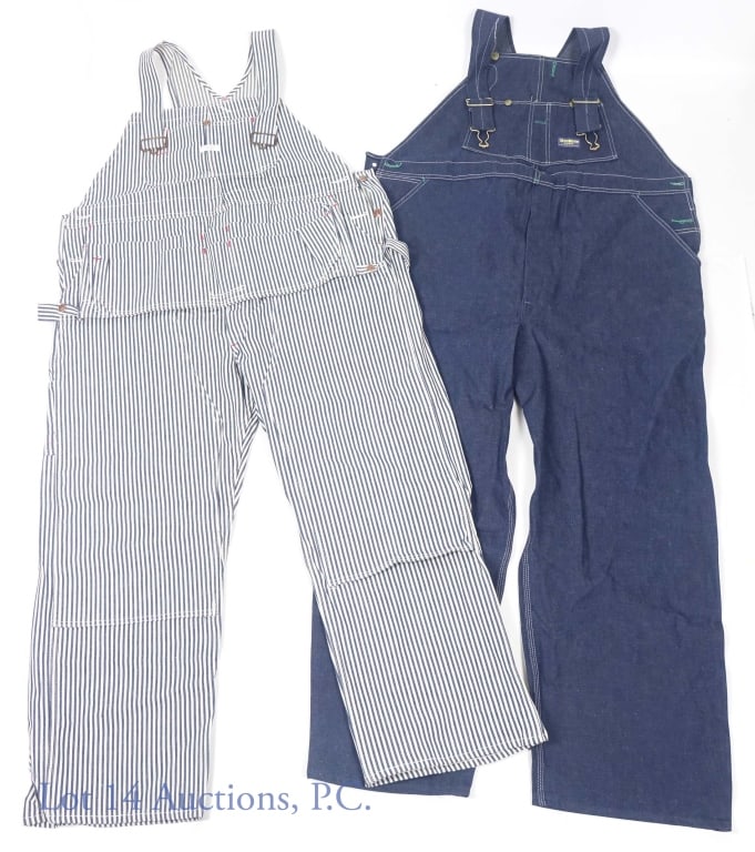 Overalls NOS OshKosh & J.C. Penney's: Size 46 x 30 (both). Both are new, old stock, with original tags still attached. OshKosh B'Gosh blue denim vest back bib overalls. Penney's Big Mac Carpenter's blue / white stripe overalls.