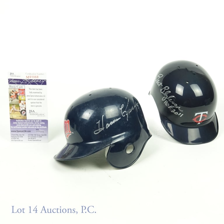 Bert Blyleven & Harmon Killebrew Sgd Mini Helmets: Two Riddell mini helmets, one signed by Harmon Killebrew and the other Bert Blyleven. The Killebrew mini helmet has a JSA hologram and the Blyleven mini helmet has a TriStar COA.