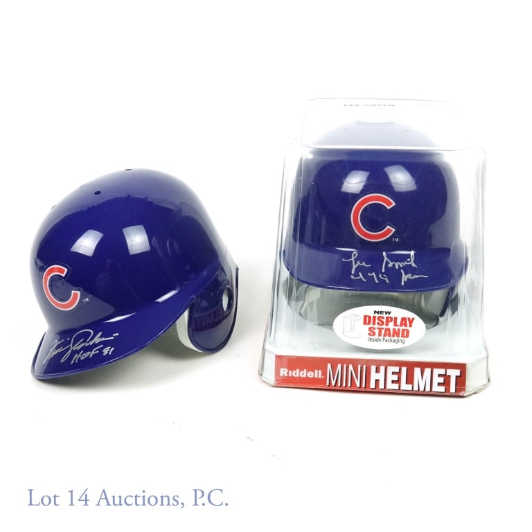 Fergie Jenkins & Lee Smith Signed Mini Helmets: Two Riddell mini helmets, one signed by Fergie Jenkins and the other by Lee Smith. The Jenkins mini helmet has a hologram from TriStar and the Smith mini helmet has a COA from Leaf Authentics.