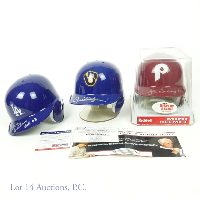 3 Signed Mini Helmets - Bunning, Sutton, Fingers: Three Riddell mini helmets signed by HOF hurlers. Phillies' Jim Bunning signed mini helmet with a COA from JSA. Dodgers' Don Sutton signed mini helmet with a PSA / DNA COA. Brewers Rollie Fingers' sig