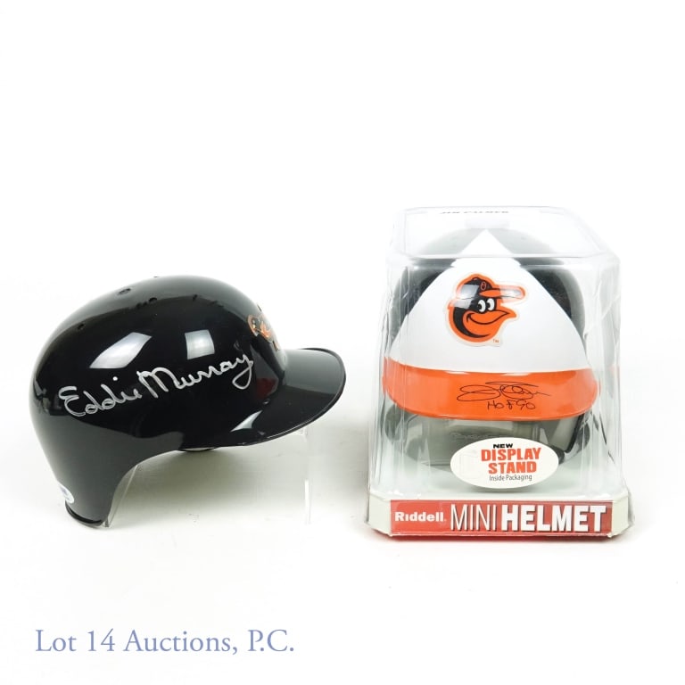 Eddie Murray & Jim Palmer Signed Mini Helmets (2): Mini helmet signed by Jim Palmer with a "HOF 90" inscription and a boldly signed Eddie Murray mini helmet. The Palmer mini helmet has a COA from Leaf Authentics. The Eddie Murray mini helmet has a COA