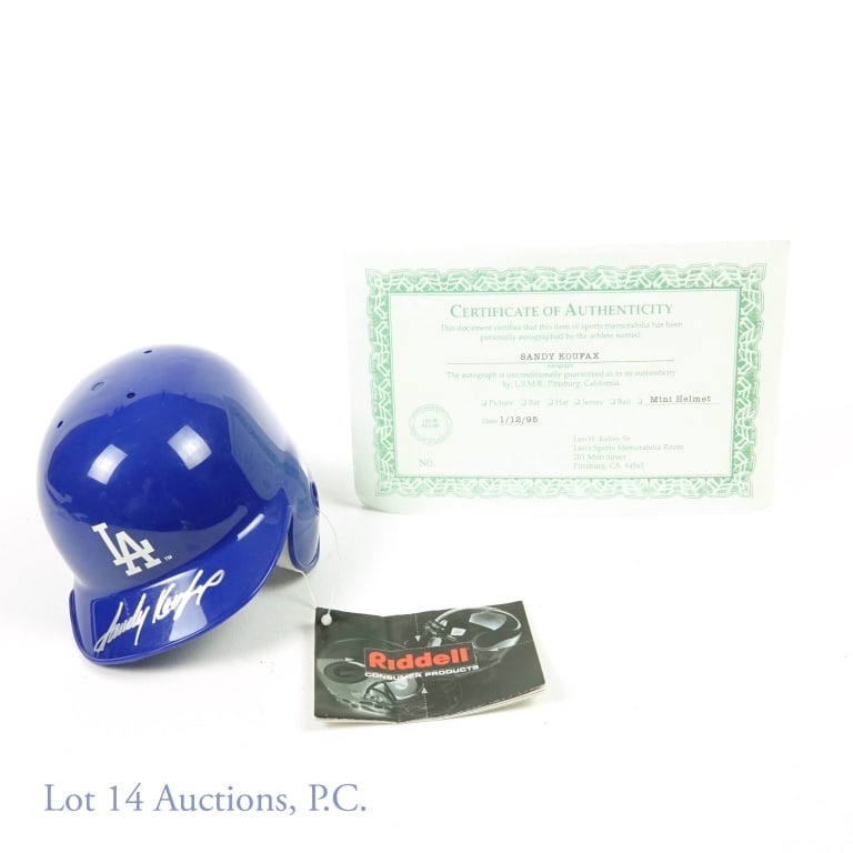 Dodgers Sandy Koufax Signed Mini Helmet: Riddell mini helmet signed by Dodgers legend Sandy Koufax. The helmet has a COA from Leo's Sports Memorabilia Room.