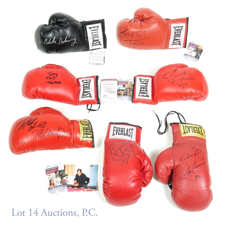 Signed Boxing Gloves All With JSA COAs (7): An instant collection of signed boxing gloves. Most have JSA COA's. Included are: Tommy "The Duke" Morrison***Ruben Olivares with "HOF 91" inscription***Iran "Blade" Barkley (with Schwartz COA)***Terr