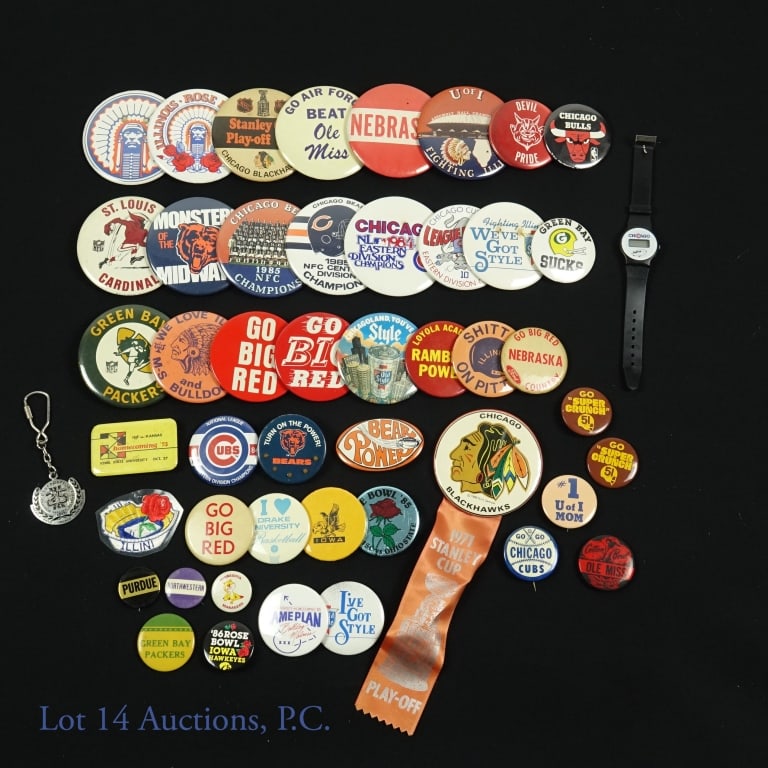 45 Professional And College Team Pins: Amazing accumulation of pins from a variety of different professional and collegiate sports teams. We see two "Super Crunch 51" pins honoring Heath candy bars and Dick Butkus, a couple of Old Style Be