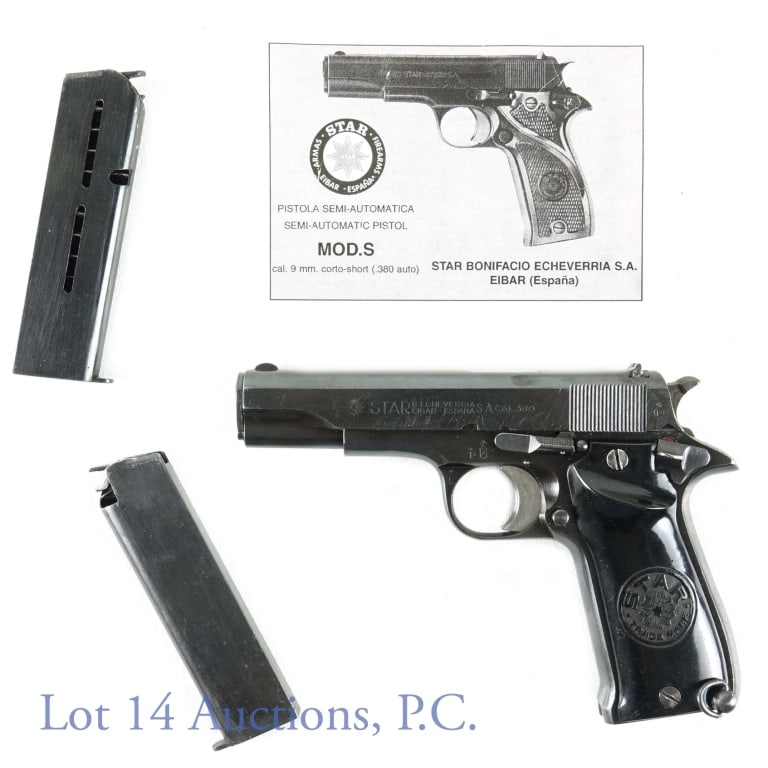 Star Mdl S .380 Semi Auto Argentine A.F. Pistol: Star Model @ with manual. Argentine Air Force (marked on slide and frame). Made in Spain. With 2 magazines. S/N 02334, Butt has # 28084. Also marked "GAI", "MIA", and "FL". Lot 14 Auctions is NOT an F