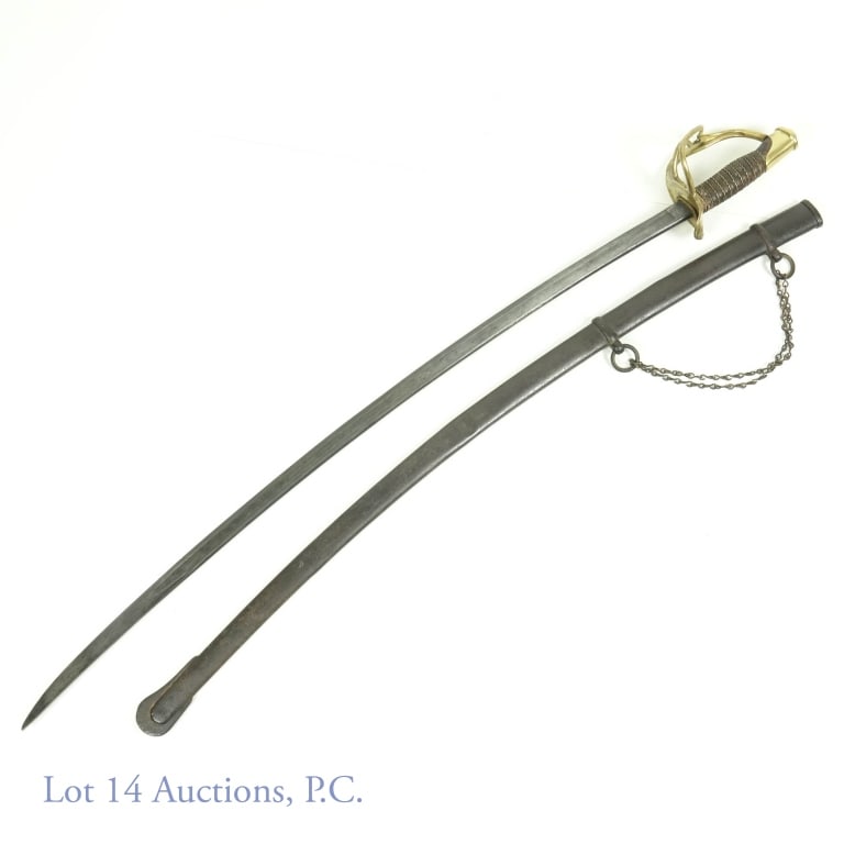 US Civil War M1860 Cavalry Saber Sword: US Civil War M1860 Cavalry Saber Sword. Stamped U.S. 1864. Stamped Ames Mfg Co Chicopee. See photos for condition of guard. Some dents on scabbard.
