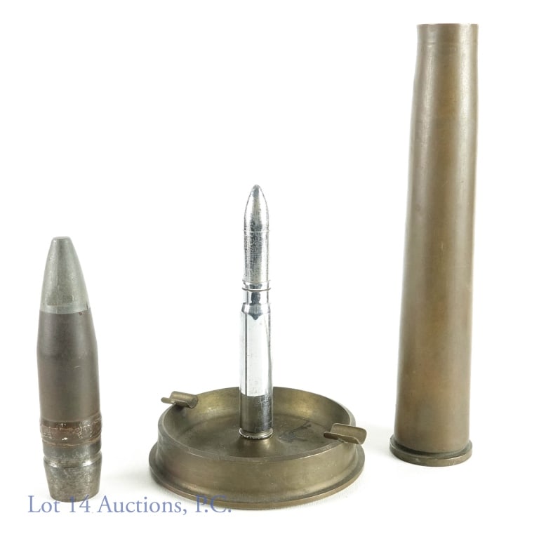 WWII Trench Art & Inert 40 mm Shell: Inert 40 mm shell - MK 1 - Lot-29, 1942. Projectile and casing are separated but both present. ***** Trench art ashtray made from what appears to be the brass base of an 80 mm shell and a 20 mm cartri