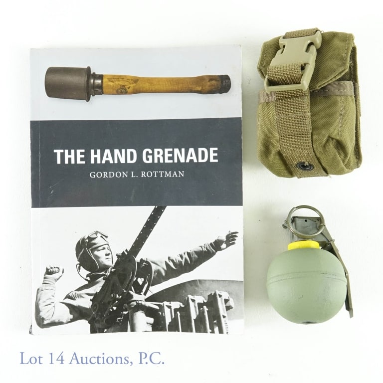 M67 Inert Hand Grenade, Pouch, Book: M67 inert grenade (bottom is drilled through), but pin and clips are in place). *** Frag grenade pouch *** "The Hand Grenade" by Gordon L. Rottman (book has some condition issues). Makes a great stock