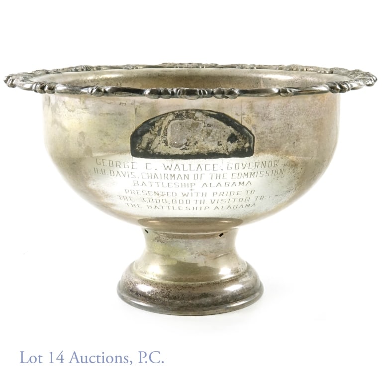 Gov. George Wallace Battleship Alabama Trophy Bowl: Silverplate bowl presented by Gov. George Wallace to the 3 millionth visitor to the U.S. Battleship Alabama. Awarded between 1984 and 1986. Inscription: "GEORGE C. WALLACE, GOVERNOR; H.O. DAVIS, CHAIR