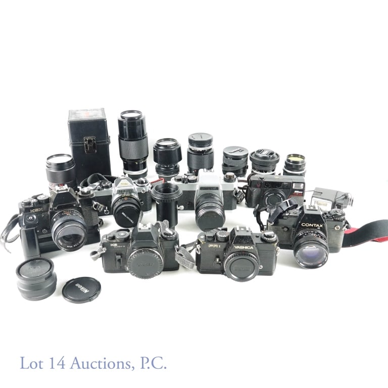 35mm SLR Film Cameras (7) and Lenses (8): 7 35mm SLR film cameras total: Contax 137 MA Quartz with Carl Zeiss 1,7/50 lens, Argus with Argus Auto-Cintar f=55mm No. 106510 lens, Sears KSX with Ricoh 35mm lens, Nikon SLR with Bell & Howell f=28m