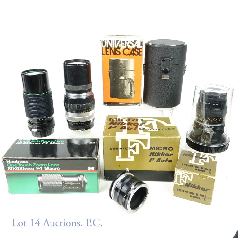 Nikkor and Nikon Mount SLR Camera Lenses 3+: Three lenses for Nikon 35mm SLR cameras. Nikkor P Auto 55mm, 3.5 lens in box. Nikkor-Q 200mm, f4 lens. Hanimex One-Touch 80-200 f4 zoom lens in box. Nikkor Model K extension rings in box. Telesar size
