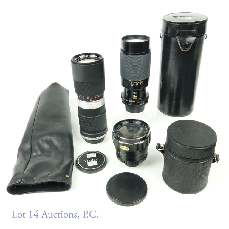 Screw-Mount SLR Camera Lenses (3): Rikenon screw mount 35mm, f2.8 (Japan) lens. Tamron screw mount 80-210, f3,8-4 lens. Vivitar screw-mount 85-205, f3.8 (Japan) lens. All lenses are as is, untested and not serviced.