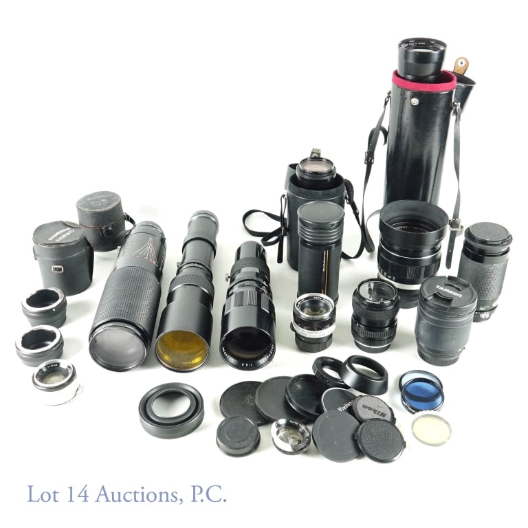 Camera Lenses & Zoom Lenses (14): Soligor Zoom lens 450mm Made in Japan (damage to metal at top of lens), Photax f=400mm 1:6.3 No. 50312 with yellow filter, Soligor Telephoto 1:5.6 f=350mm No. H66621, Samyang Auto Zoom 1:5.6-7.1 f=100