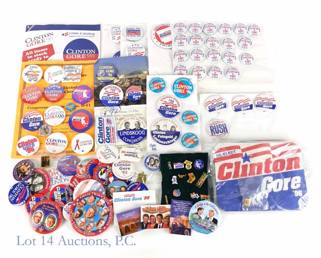 Bill Clinton Campaign Buttons & Ephemera: Collection of Bill Clinton campaign buttons and ephemera, including union buttons, mousepad. and inauguration ephemera.