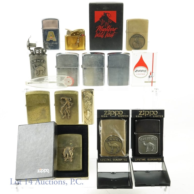 Lighters 8 Zippo Plus 5 Others - 13 Total: A total of 13 lighters including 8 Zippo lighters. The Zippo lighters include 2 bucking bronco lighters, one is damaged, 3 with advertising for Camel, plus 3 others. There are 2 My Lite made in Korea,