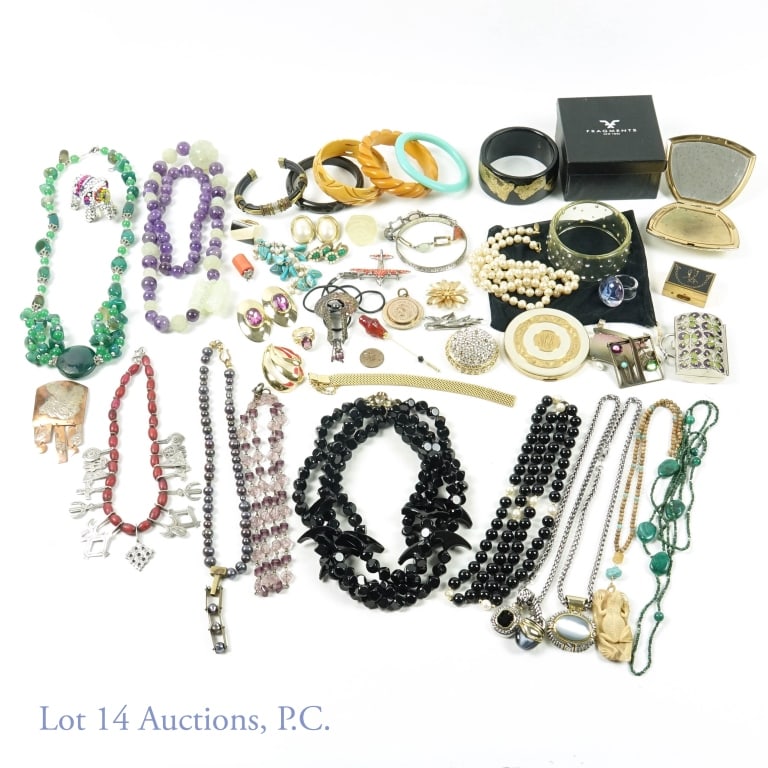 Fashion Jewelry, Bracelets, Necklaces, Compacts: Assortment of earrings, bracelets, necklaces, rings, brooches, pill box and 2 compacts. Designers include Judith Lieber, Carr, Elgin American, Erwin Pearl, and Napier. 4.6 pounds (2.1kg).