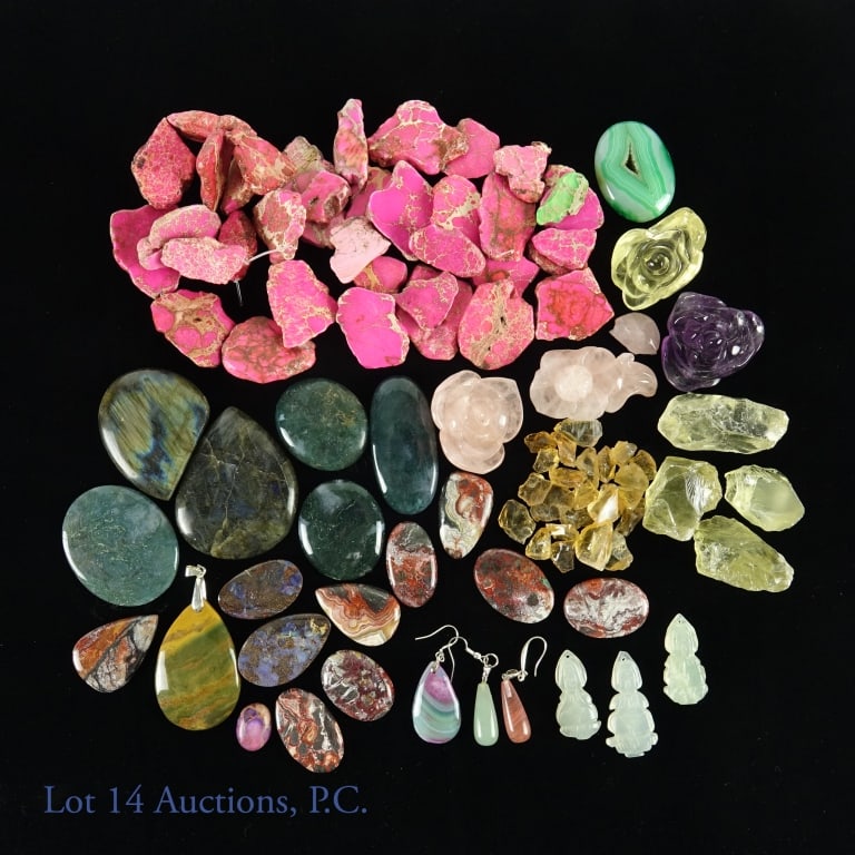 Raw and Cut Gemstones Jasper, Agate, Quartz +: Raw and cut gemstones. sliced imperial jasper cherry pink (pieces are drilled for stringing); natural citrine chunks; moss agate cabochons; blue fire rainbow labradorite; lace agate cabochon and tear
