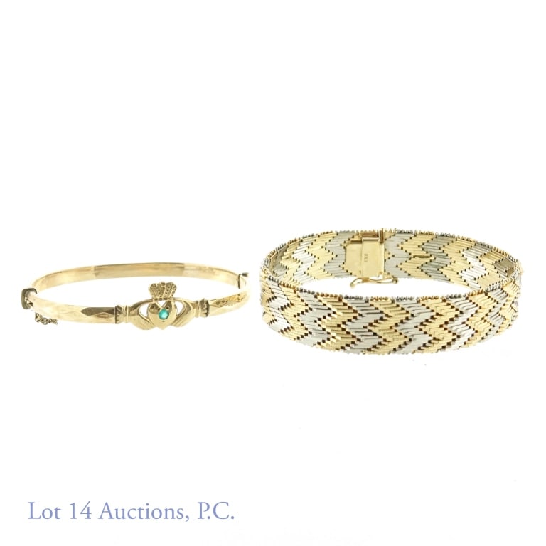 Claddagh Bangle and De Cesare Bracelet: Two bracelets. One Claddagh, gold-filled bangle, 7.5". One De Cesare Italy gold and silver toned bracelet, 7.5".