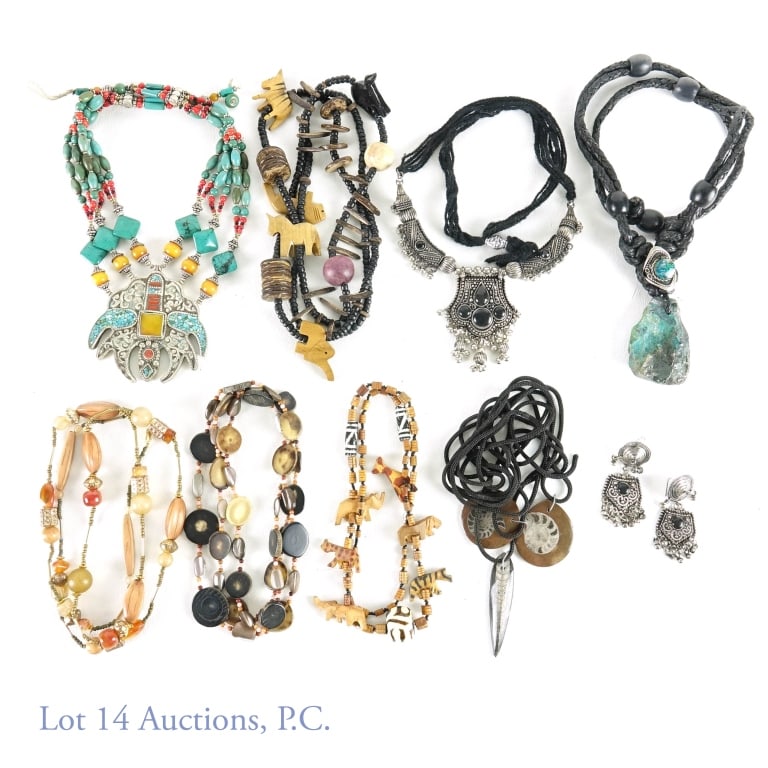 Ethnographic Statement Necklaces + Fossils: Ten necklaces from distinct cultures. One southwest style large statement necklace with large pendant (3 x 3"), turquoise, coral and other gemstones; measures 20". One leather and raw stone necklace m