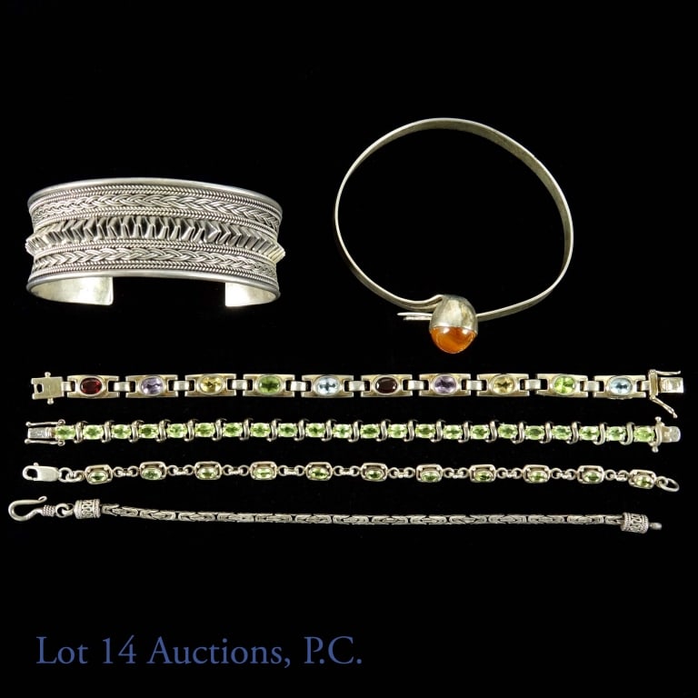 Sterling Silver Bracelets (Amber, Prasiolite +): Lot of 6 sterling silver bracelets, some with gemstones. Includes a bangle featuring an amber stone, a 1" cuff, a 14" bracelet without stones, 2 link bracelets (7") with green prasiolite stones, and o
