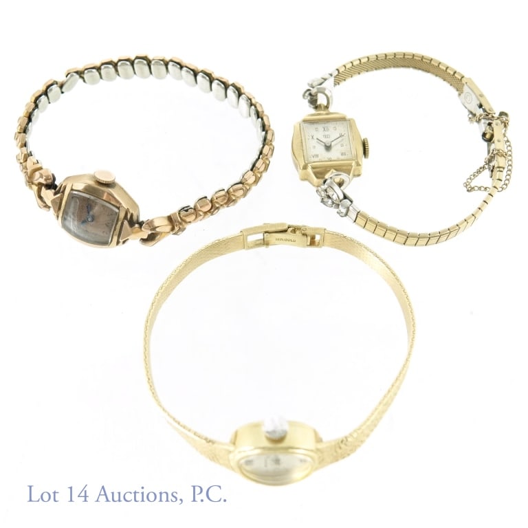 14k Gold Benrus, Frey, Bulova Ladies' Wristwatches: Three 14k gold watches. All weights INCLUDE the strap, crystal and movements. Frey ladies' wristwatch, 14k gold case (marked) and Kreisler stainless steel strap - running. 14g total weight. Bulova lad