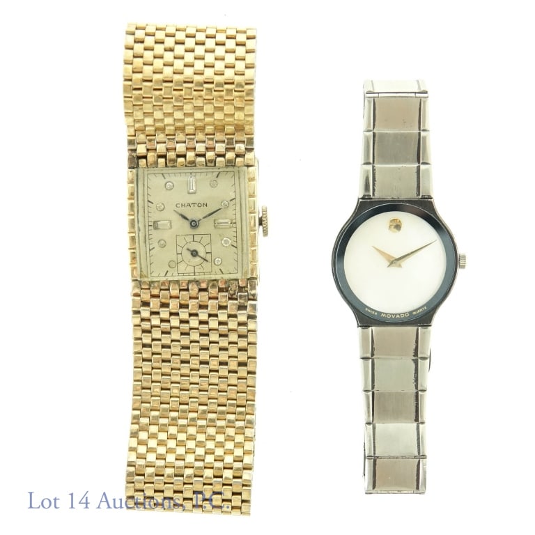 Chaton and Movado Ladies' Wristwatches (2): Chaton 10k rolled gold plate square 23.4mm ladies' wristwatch with gold tone strap - running. Movado ladies' mother of pearl face 23mm wristwatch - NOT RUNNING. Strap closure functions correctly. Batt