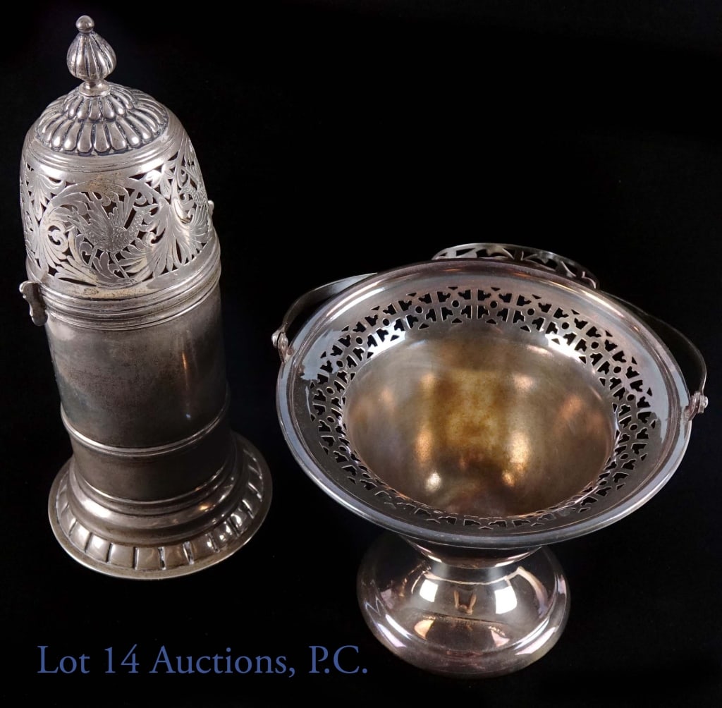 Silver Plate Castor / Muffineer & Candy Dish: Silver plate 1902 (per hallmarks), London England. 266g. Bottom is marked: "Dimmer, 44 Palmerston Rd, Southsea". Dimmer & Sons, Ltd. was a goldsmith and jeweler in Southsea and Liverpool. 8" h x 3.5" 