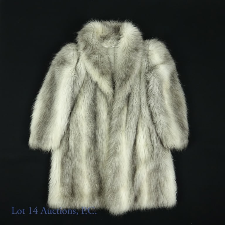 EYBL Faux Fur Gray White Stripped 1980s Coat: EYBL vintage faux fox fur, mid length coat from the 1980's. Predominately gray and white stripped with some light brown areas. Casper lined. Length from neck to bottom hem: 32", width from arm pit to