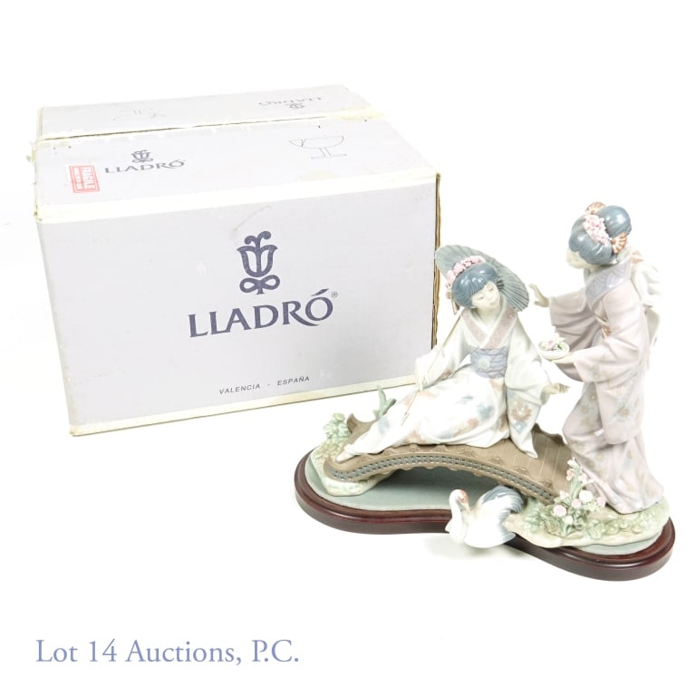 Lladro Sculpture Springtime in Japan # 1445: 1983 - 2019. Springtime in Japan Lladro. Item # 01001445. Spanish Name: Japonesas En El Puente. Sculptor: Salvador Debón. Year Issued: 1983. Year Retired: 2019. Finish: Glazed. Last Retail: $2,550.00
