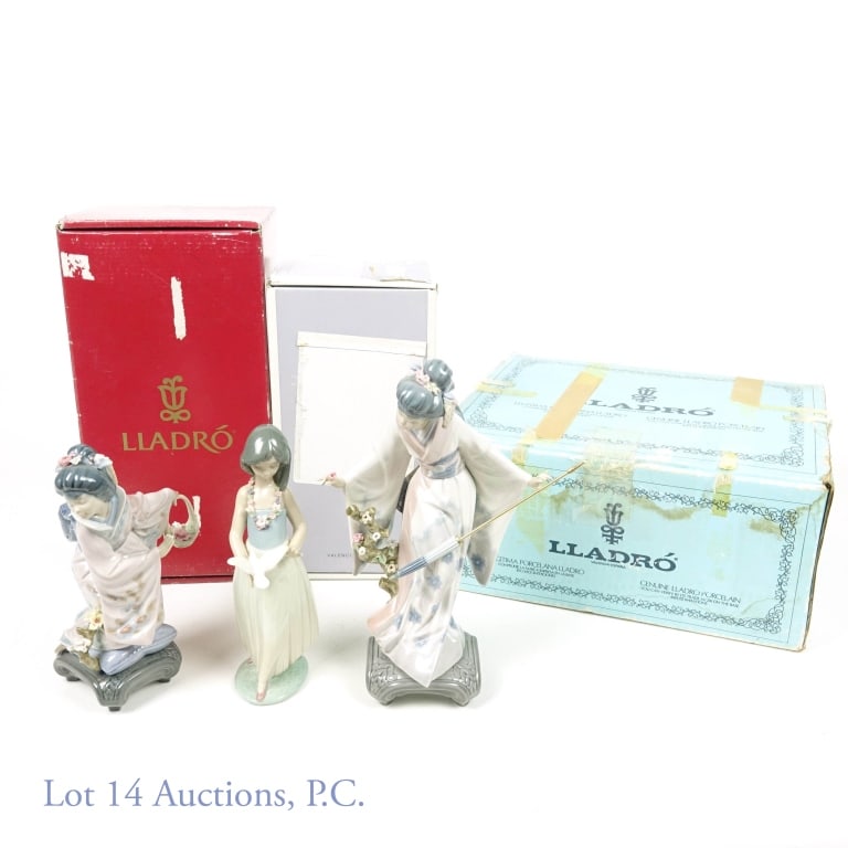 Lladro - Geishas Michiko & Teruko, Polynesian (3): Three Lladro sculptures: 1983 - 2007. Michiko Lladro, Item # 01001447. Spanish Name: Japonesita Arrodillada Num. 1n. Sculptor: Salvador Debón. Year Issued: 1983. Year Retired: 2007. Finish: Glazed. L