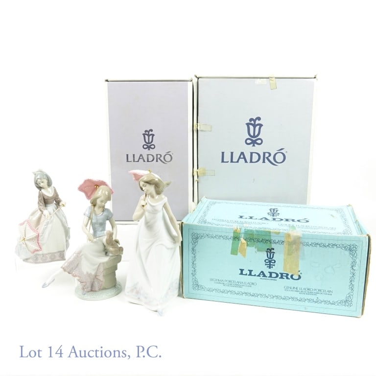 Lladro - 3 Girls with Parasols # 5210, 7612, 7636: Three Lladro sculptures of Girls with parasols: 1984 - 2002 Jolie Lladro. Item # 01005210. Spanish Name: Damisela Abriendo La SombrillaSculptor: JosÃ© Puche. Year Issued: 1984. Year Retired: 2002. F