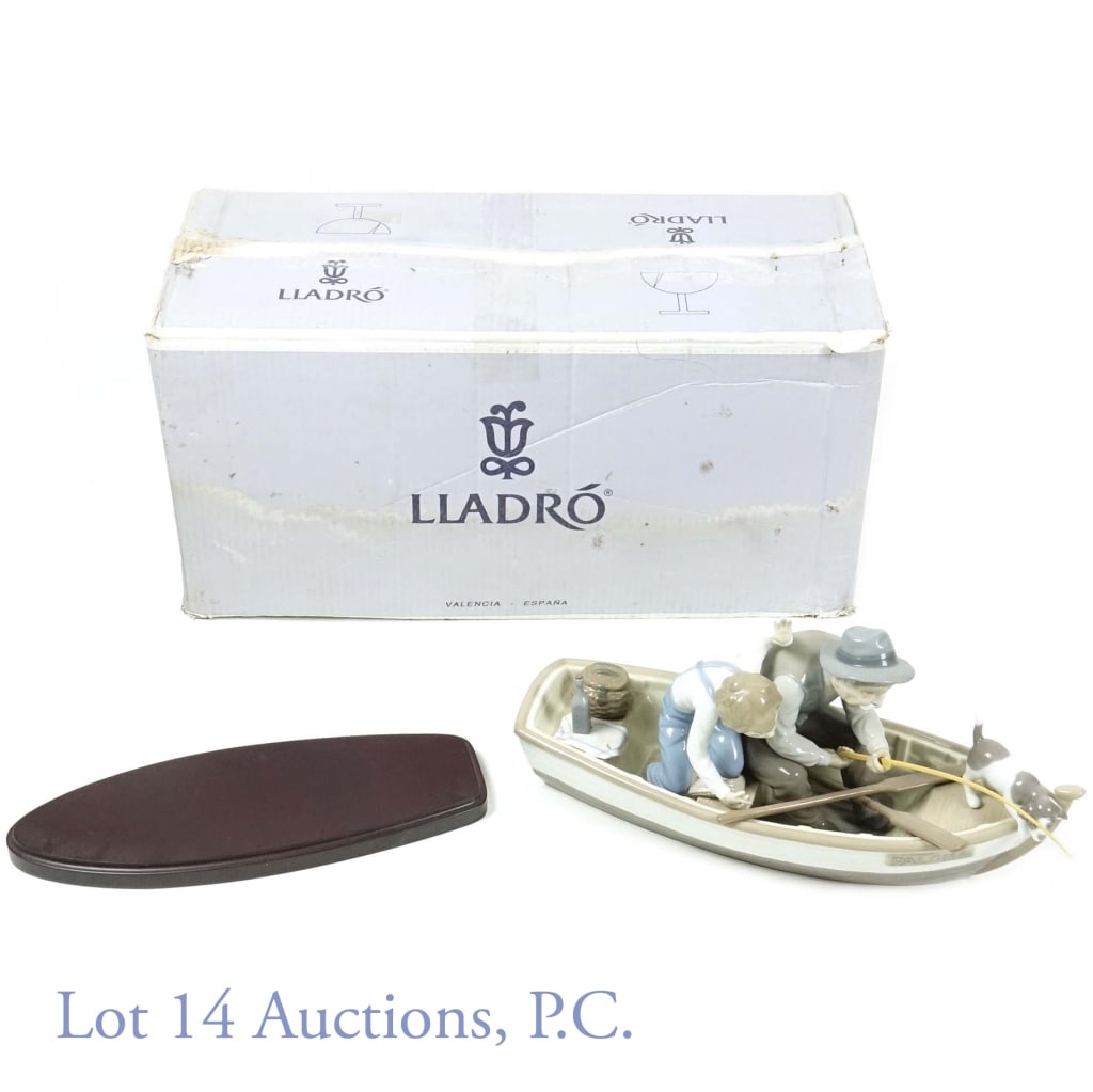 Lladro Sculpture Fishing With Gramps #5215: Issued 1984. Fishing With Gramps Lladro. Item # 01005215. Spanish Name: Pescadores En Bote. Sculptor: José Puche. Year Issued: 1984. Year Retired: N/A. Finish: Glazed. Last Retail: $1,495.00. Height 
