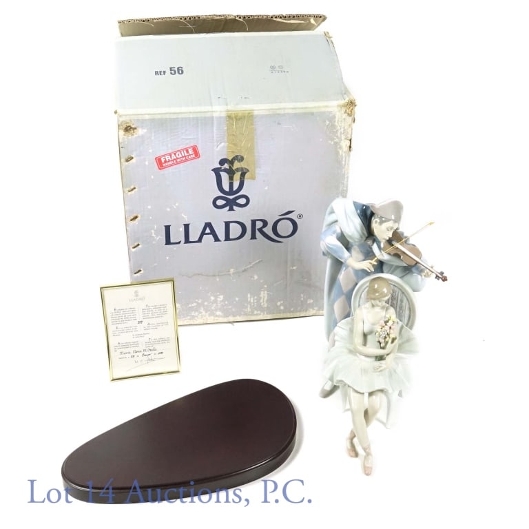 Lladro Sculpture Jester's Serenade #5932: 1993 - 1994 Jester's Serenade Lladro. Item # 01005932. Spanish Name: Arlequin Enamorado. Sculptor: Antonio Ramos. Year Issued: 1993. Year Retired: 1994. Finish: Glazed. Last Retail: $1,995.00. Height 