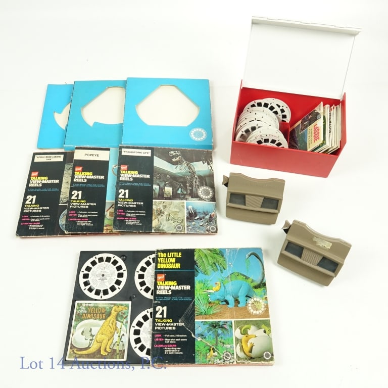 ViewMaster (2) Talking Reels (20+): Two View Masters (non-talking), one View Master case, and 20+ reels, many talking reels. Talking reel boxes are included but not all items are inside (loose items were not checked for box corresponden