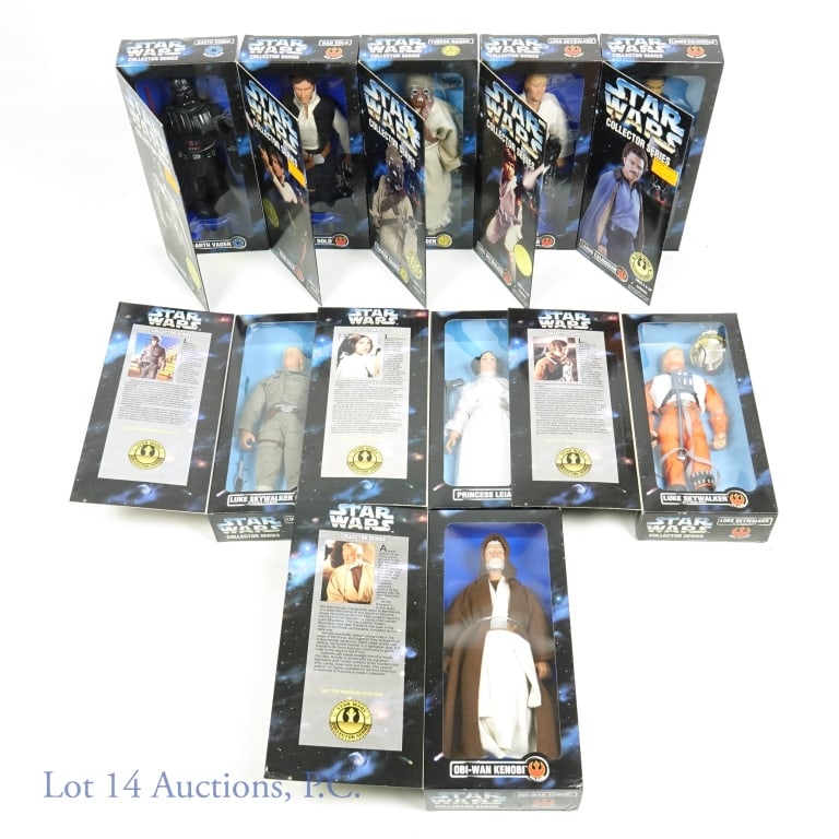 Star Wars Kenner Hasbro Figures (9): Nine Star Wars Kenner Hasbro Figures. All from the Collector Series. All with box. Figures include: Han Solo, Luke Skywalker, Princess Leia, Darth Vader, Obi-Wan Kenobi, Tusken Raider, Lando Calrissia