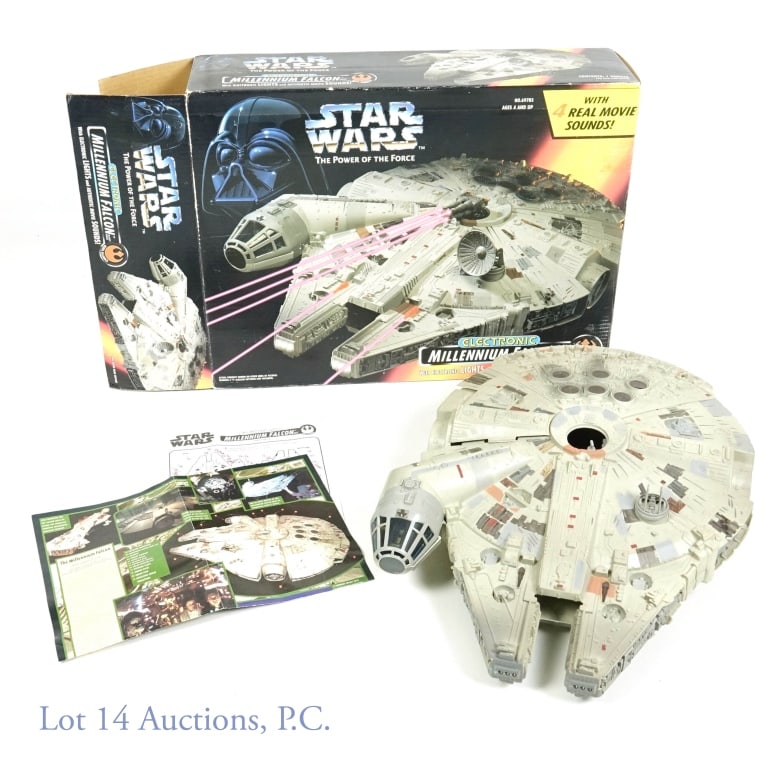 Star Wars PotF Elec. Millennium Falcon w/ Box: 1995 Star Wars: The Power of the Force electronic Millennium Falcon. Set appears complete (cockpit radar dish, top gun, seat, and clear plastic window, ramp and struts, false floor, game table. Electr