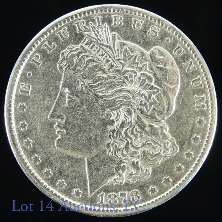 1878-cc Morgan Silver Dollar (AU??): 1878-cc Morgan dollar (Carson City Mint). 90% silver (confirmed electronically in our shop). 37.92 mm diameter on our electric caliper. 2.571 mm thick on our electric caliper. Per consigner, almost un