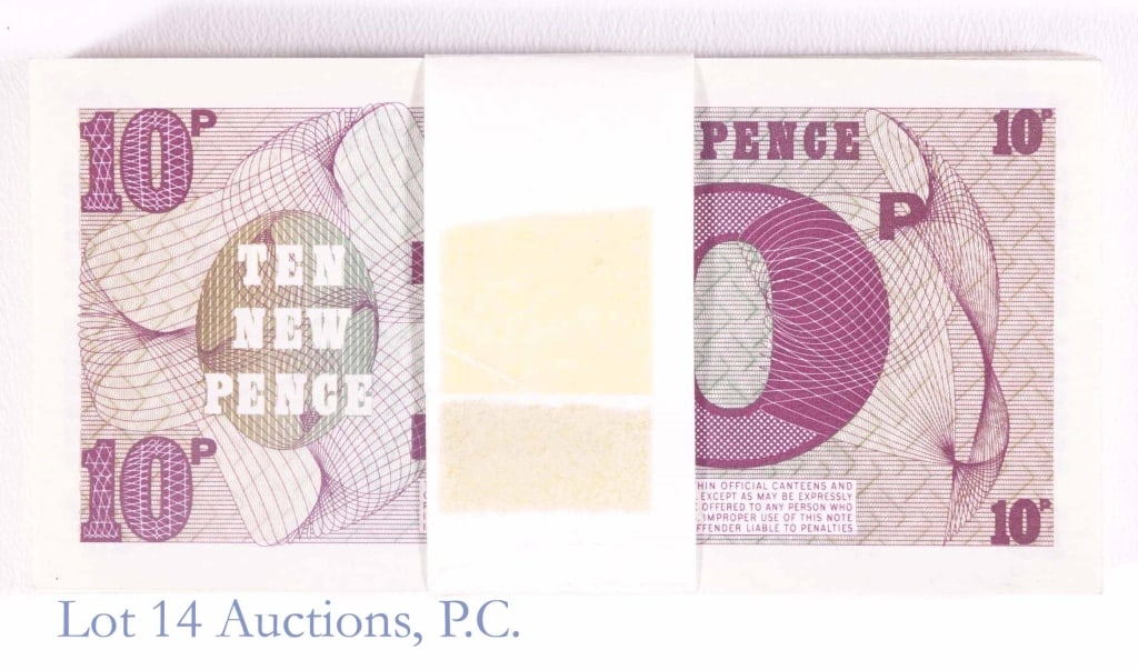 UK Armed Force 10 Pence Notes - CU Consec! (100): 100 consecutively serial numbered 6th series British Armed Forces 10 pence script notes. The notes appear to be in an original bank band, and, per consigner, are crisp uncirculated. *** Please note: w