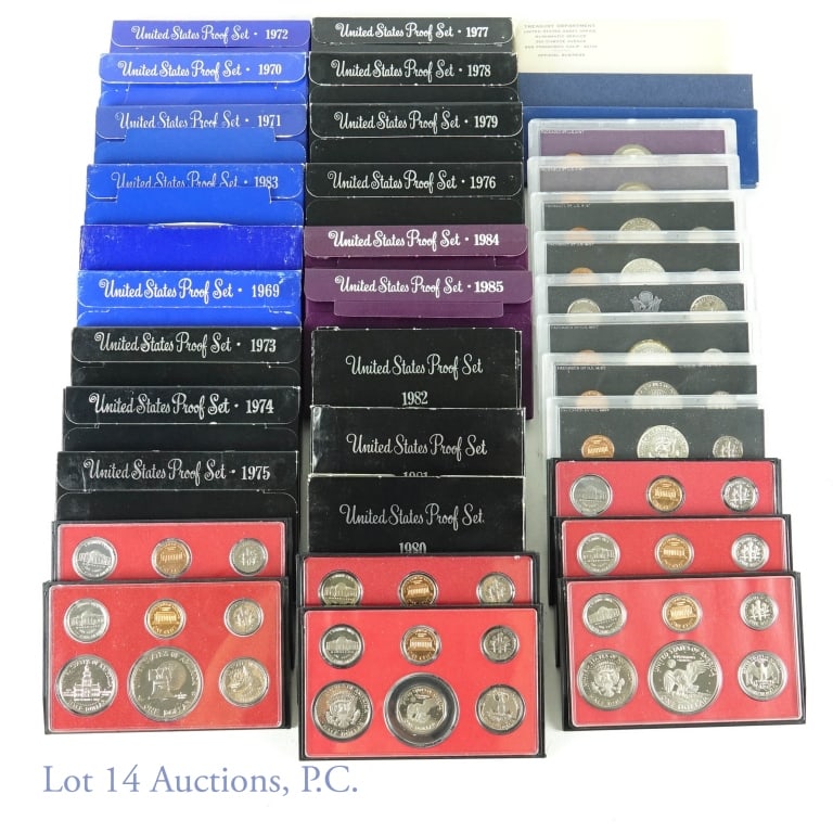 Proof Sets 1965 - 1985 (21 sets): The 1965, 1966, and 1967 Special Mint Sets - the 1965 set is in a Treasury Department envelope with COA, while the 1966 and 1967 sets are in their blue boxes and US Mint slab holders. The 1968 through