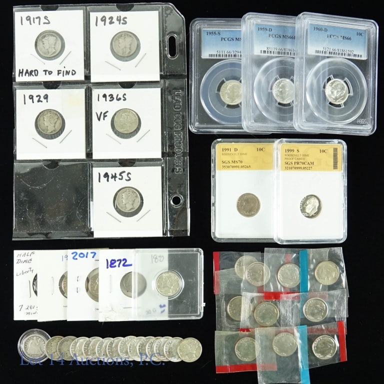 Collection of Dimes - Mostly Silver: 1857 half dime (90% silver) *** 1853 Seated Liberty dime (with arrows). 90% silver. ** 1872 Seated Liberty dime. 90% silver. ** 1916 Barber dime. 90% silver. ** 1917-s, 1924-s, 1929, 1936-s, 1943-s, 1