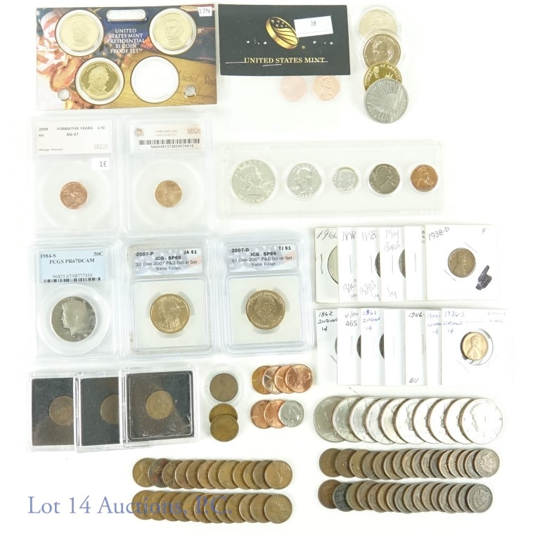 US Coins - Some Silver: 1960 proof set (includes 90% silver Franklin half dollar, Washington quarter, and Roosevelt dime). *** 3 Barber quarters - 2 1898 and 1914 - all 90% silver. *** 1960 proof Franklin half dollar (90% si