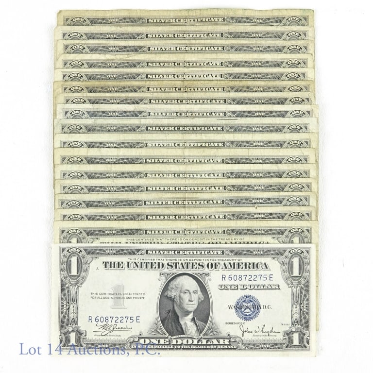 1935 & 1957 $1 Silver Certificates: Series of 1935C $1 silver certificate. Per consigner, crisp uncirculated. Series of 1957B $1 silver certificate STAR note (rough condition with tape mark). *** 8 series of 1935 $1 silver certificates 