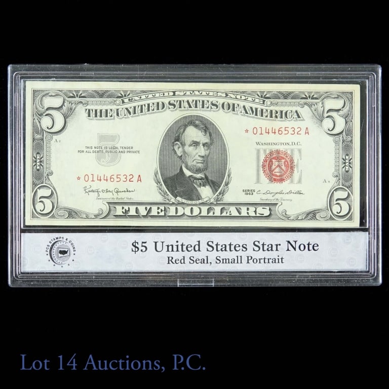 1963 Red Seal $5 STAR note (CU?): 1963 United States $5 red seal bank note - STAR note. Note is slabbed, and per consigner is crisp uncirculated. There is subtle browning along the top edge, visible on both sides of the bill