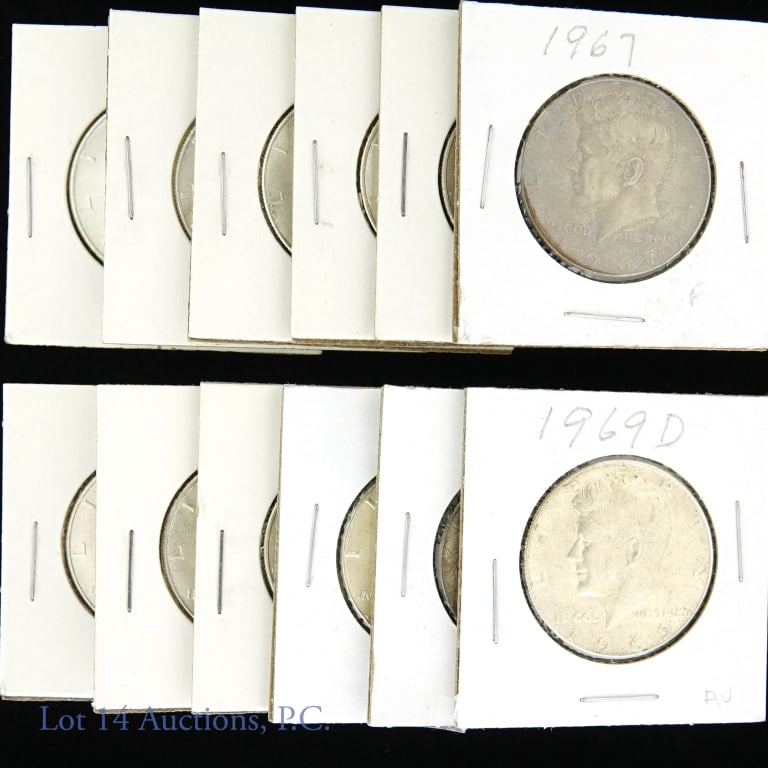 1964 Kennedy Half Dollars (8) & 40% Silver (4): 4 1964 Kennedy half dollars (90% silver). Per consigner, uncirculated. **** 4 1964-d Kennedy half dollars (90% silver). Per consigner, uncirculated. ***** 1966, 1967, 1968-d, 1969-d Kennedy half dolla
