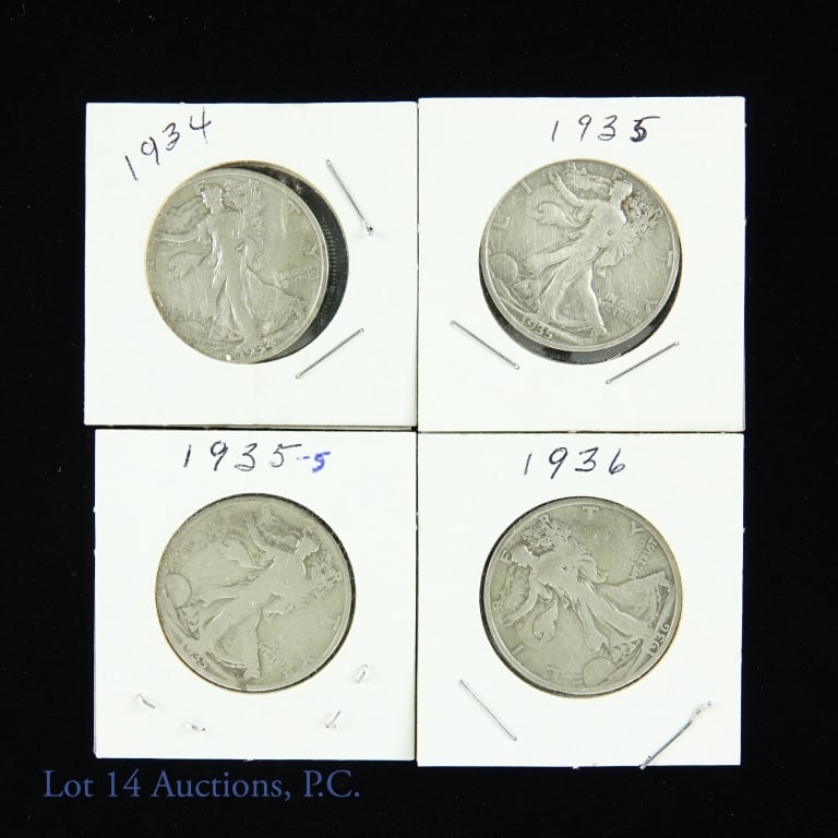 Walking Liberty Silver Half Dollars (4): 4 Walking Liberty half dollars - all 90% silver: 1934, 1935, 1935-s, 1936. Condition varies.
