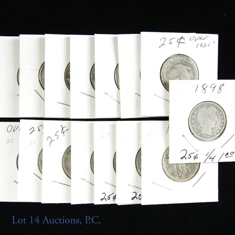 Silver Quarters (15): 3 Barber quarters - 90% silver: 1898, 1902, 1904. Condition varies. 6 Standing Liberty quarters - 90% silver: 1927, 1929, No Date (x4). Condition varies. 6 Washington quarters: 1942, 1945, 1959, 1961-