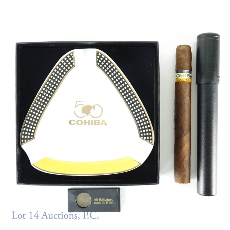 Cohiba Cigar, Ashtray, Cutter: Cohiba cigar (unwrapped, comes in plastic case (7" long, app. 2.75" circumference). Habanos s.a. Cohiba 50 ashtray deigned by Nelson Alfonso. Original box *** logo in bottom of ashtray has some fading